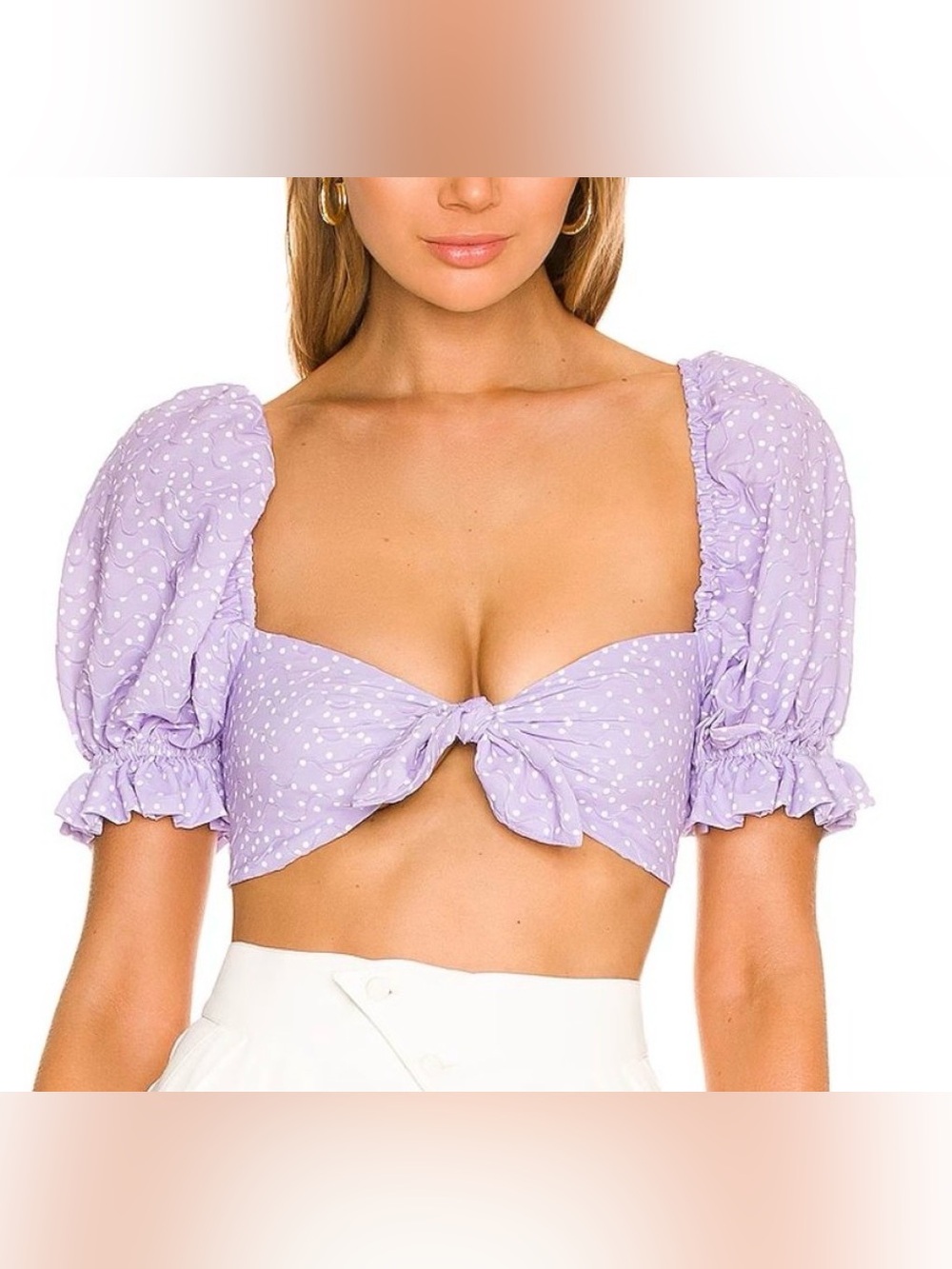 For Love And Lemons Lavender Polka Dot Puff Sleeve Crop Top